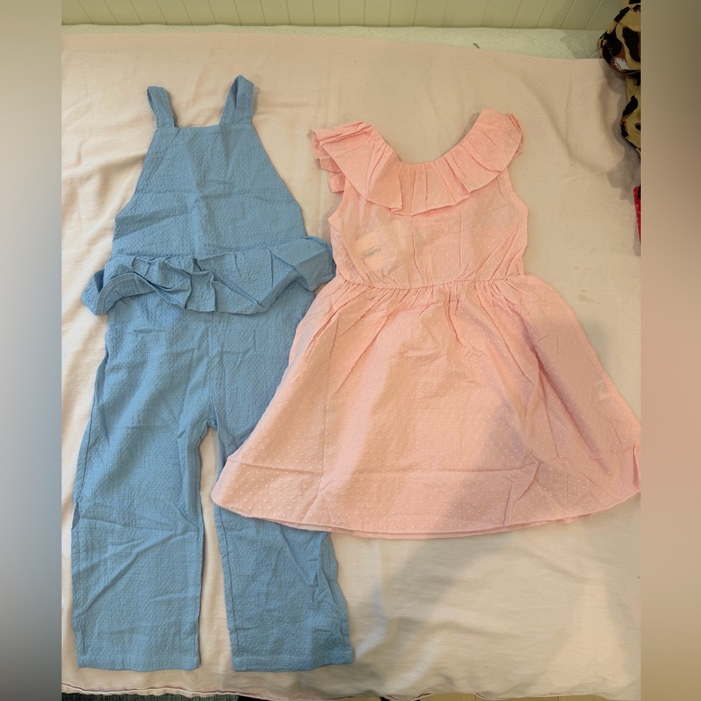 PatPat Pink Textured Dress and Blue Overall Set